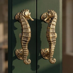 Vintage Seahorse Door Handle Pair Antique Brass Nautical Door Hardware Coastal Decor Home decor premium Decor for Entryway