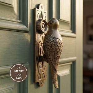 May include: A bronze-colored bird-shaped door knocker mounted on a rectangular backplate. The knocker is attached to a green door with recessed panels. The bird has detailed feathering and a curved beak. The backplate has an ornate design.