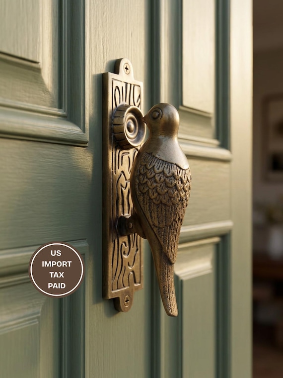 Brass Bird Door Knocker, Vintage Bird Door Handle, Antique Entry Door Hardware, Whimsical Front Door Decor Gift Housewarming Gift for Home