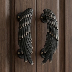 Whimsical Angel Wings Door Handle Set – Brass Pulls for Cabinet or Barn Door, Black or Silver Hardware, Wing Decor Valentines day gift