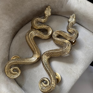 May include: Two brass snake-shaped door handles. The handles are detailed with scales and have a coiled tail design. The handles are mounted on round brass plates and are set against a neutral background.