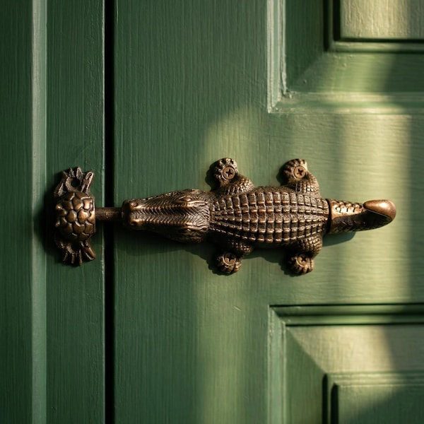 Brass Crocodile Door Latch Lock, Alligator Door Bolt Vintage Gothic Decor Animal Door Hardware Handmade Statement Door Lock