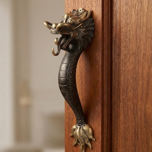 Dragon Door Handle Pull 34 cm, Solid Brass Dragon Door Handle Mythical Fantasy Door Pull Medieval Front Door Hardware for Home or Gate