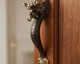 Maniglia per porta a forma di drago da 34 cm, maniglia per porta a forma di drago in ottone massiccio, maniglia per porta fantasy mitologica, ferramenta per porta d'ingresso medievale per casa o cancello