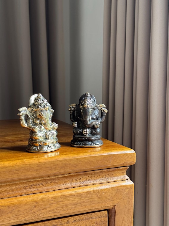 Brass Ganesha Statue Set Handcrafted Hindu God Figurines for Spiritual Decor and Meditation, Small Brass Idol Pair for Gifts & Home