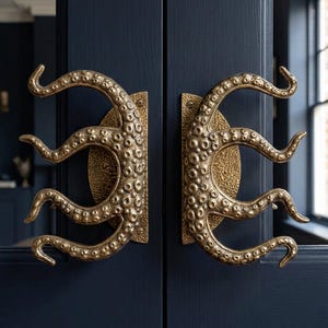Whimsical home decor Octopus Tentacle Door Handle Brass Sea Creature Pull Nautical Decor Kraken Front Door Handle, Coastal Gift Idea