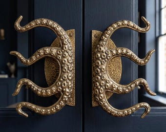 Whimsical home decor Octopus Tentacle Door Handle Brass Sea Creature Pull Nautical Decor Kraken Front Door Handle, Coastal Gift Idea