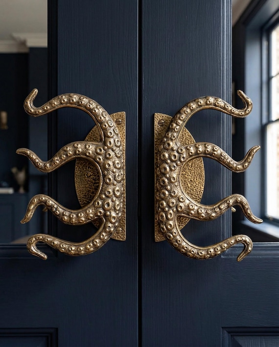 Whimsical home decor Octopus Tentacle Door Handle Brass Sea Creature Pull Nautical Decor Kraken Front Door Handle, Coastal Gift Idea