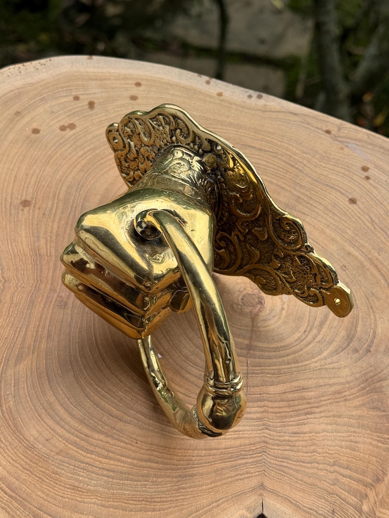 May include: A brass door knocker in the shape of a fist, with an ornate backplate. The knocker has a polished finish and a curved handle. The design is detailed and vintage-inspired, suitable for a front door.