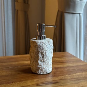 Beige Natural Stone Soap Dispenser Elegant Bathroom Accessory with Chrome Pump, Unique Rustic Design for Kitchen or Vanity Decor