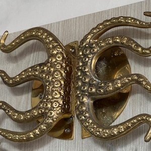 May include: A pair of brass door handles, each shaped like an octopus tentacle. The handles are mounted on a light-coloured wooden surface. The tentacles have a textured surface with small, round details.