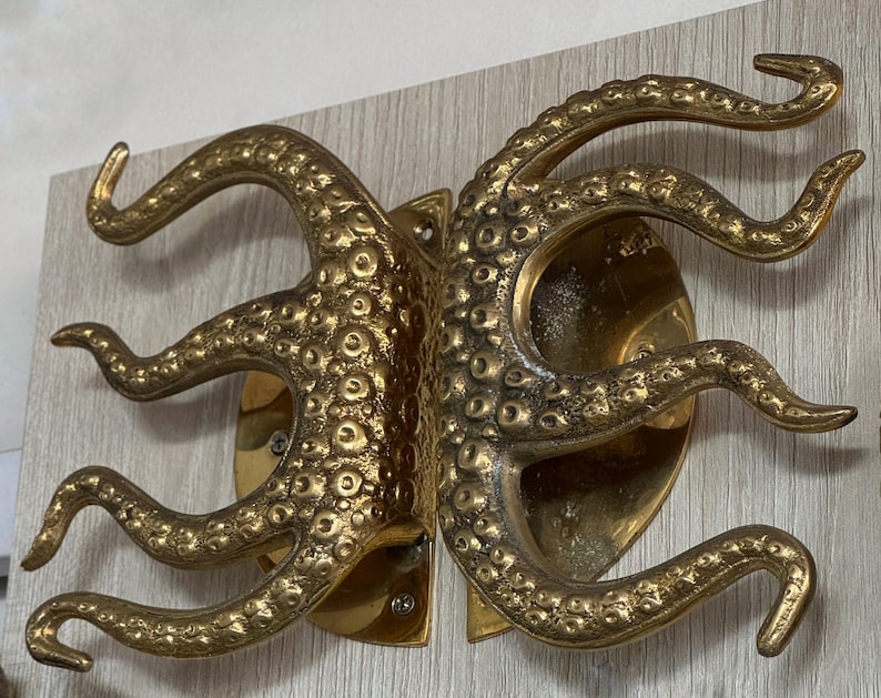 May include: A pair of brass door handles, each shaped like an octopus tentacle. The handles are mounted on a light-coloured wooden surface. The tentacles have a textured surface with small, round details.
