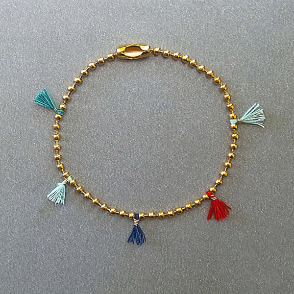 Tassel Bracelet - Available as a hand bracelet or as an anklet bracelet, ball chain bracelet, pompon jewelry, gold plated