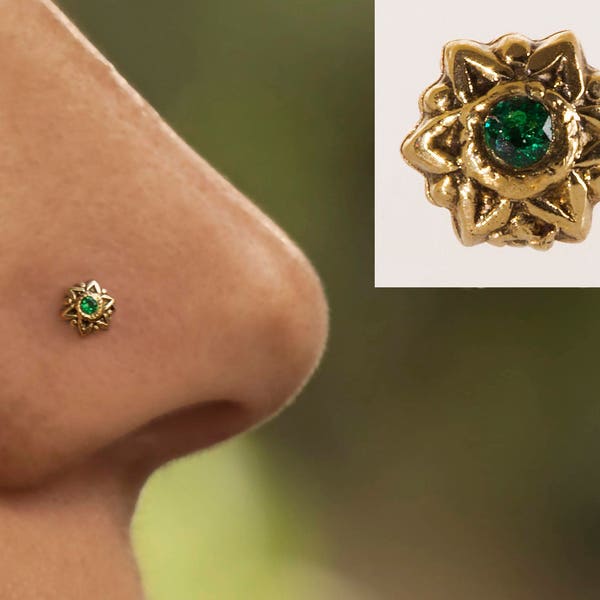 Star nose stud,14k solid yellow gold, Emerald stone, 0.6 mm, 22 gauge, May Birthstone, Star of david, indian nose ring