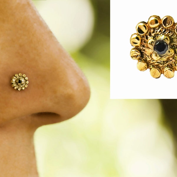 black diamond nose stud,14k yellow gold,April birthstone,Indian flower nose stud,0.6 mm,22 gauge,Gypsy nose stud,sunflower