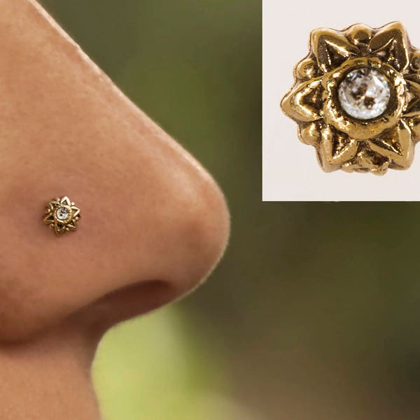 Diamond Nose stud,14k gold,April birthstone,bridal nose stud,22 gauge,0.6 mm,gold star,india nose stud,gypsy nose ring