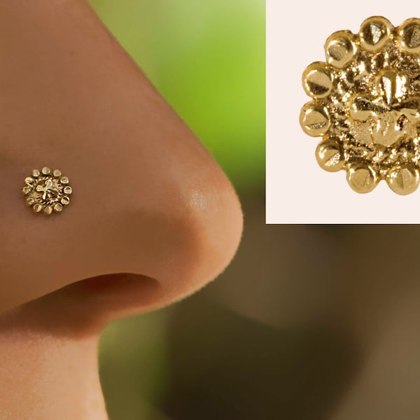 Flower nose stud\ 14k yellow solid gold\ 22 gauge\ 0.6 mm\ Eastern Mediterranean\ bohemian\ indian\ bridal nose stud