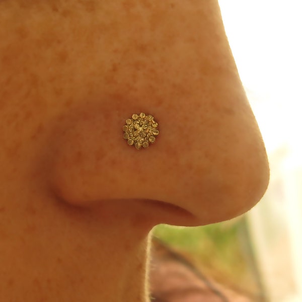 Handmade Sunflower nose stud, 14k solid yellow gold, Indian nose stud, 0.6 mm, 22 gauge, gypsy nose stud, gold nose ring