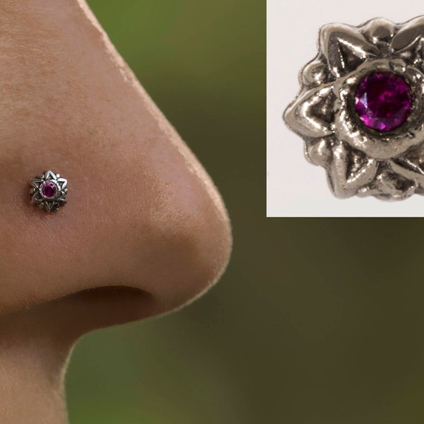 Handmade Ruby nose stud,sterling silver,22 gauge,0.6 mm,Gorgeous indian nose piercing,star of david,magen David,sri yantra