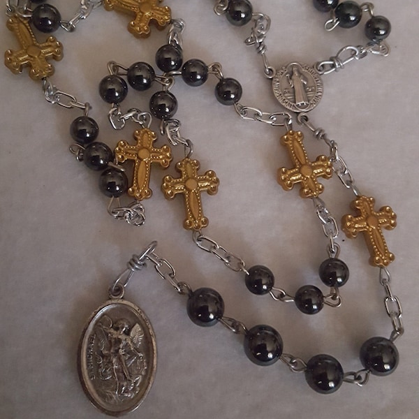 St. Michael archangel hematite with gold crosses traditional prayer chaplet, angelic choir prayers