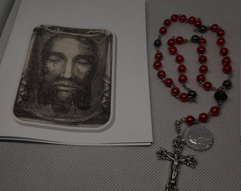 Holy Face of Jesus chaplet, red glass pearl and hematite beads traditional classic vintage