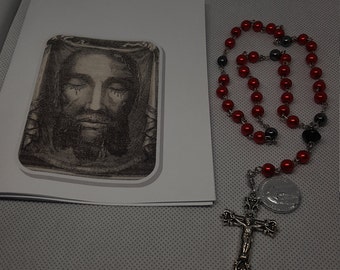 Coroncina del Santo Volto di Gesù, perle di vetro rosso e perle di ematite, tradizionale classico vintage