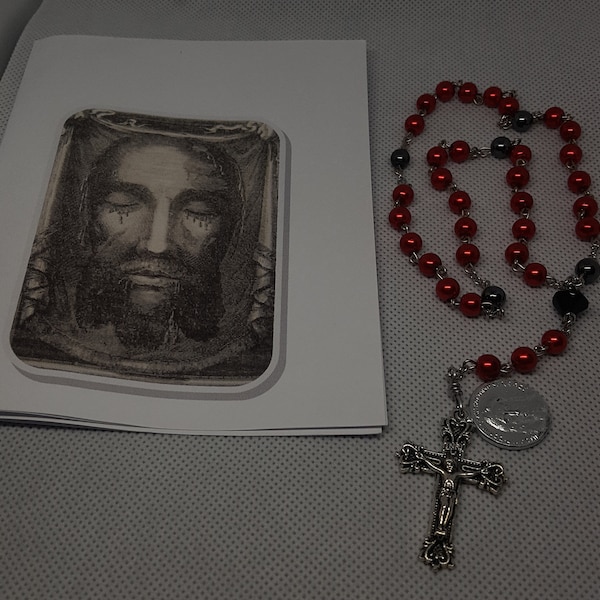 Holy Face of Jesus chaplet, red glass pearl and hematite beads traditional classic vintage