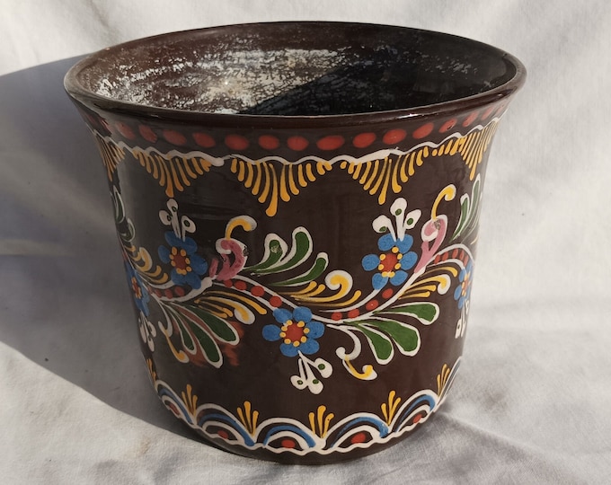 Dark Brown Glazed Stoneware Pot, Traditional Folk Stoneware Pottery, Rare Folk Hungarian Flower Pot, Ceramic Pitcher