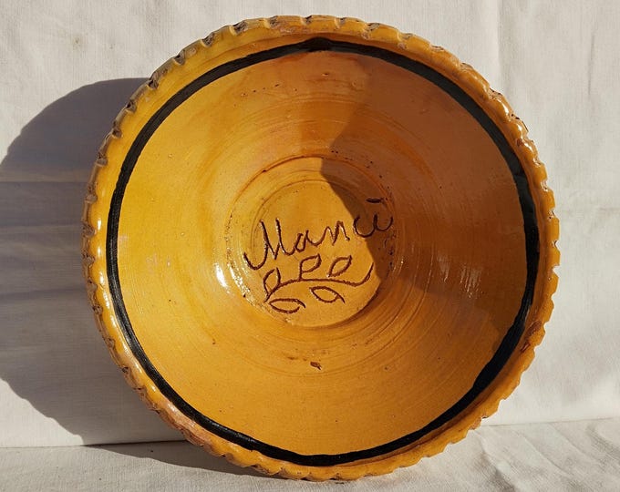 Ochre Yellow Ceramic Folk Plate, Hungarian Traditional Pottery Clay Plate