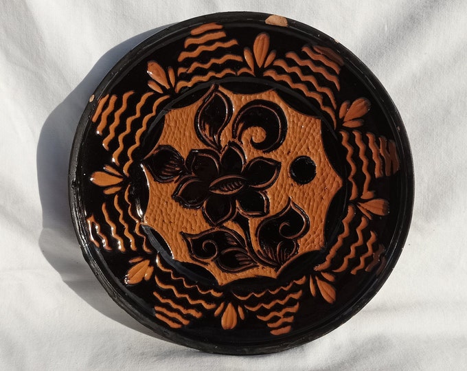Ceramic Carved Plate, Hungarian Traditional Pottery Clay Plate, Wheat Design, Antique Peasant Plate