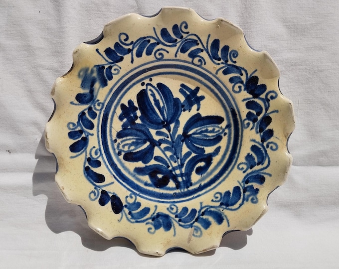 Traditional Blue Painted Clay Plate, Transylvania Pottery, Folk Plate, Antique Peasant Plate