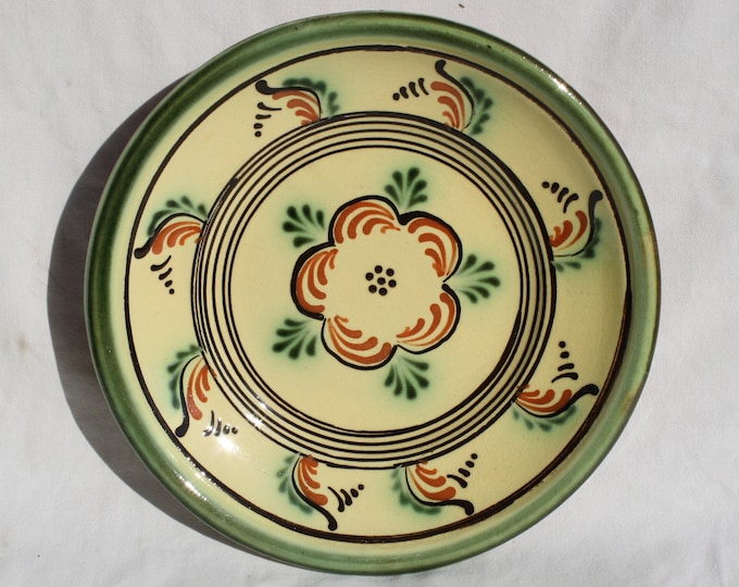 Traditional Hungarian Folk Pottery Green Plate, Vintage Peasant Flower Plate