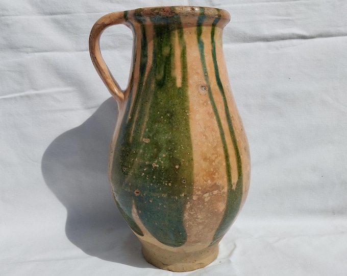 Huge Antique Stoneware Glazed Folk Pitcher, Huge Pither, Vintage Stoneware Ewer, Ceramic Pitcher, Ceramic Pottery