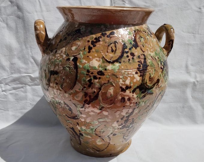 Huge Antique Marble Glazed Folk Two Handle Pitcher, Folk Bottle, Handpainted Jug, Faience Jug, Folk Ewer