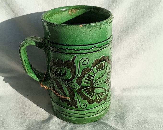 Antique Folk Ceramic Green Carved Mug, Traditional Stoneware Korond Mug