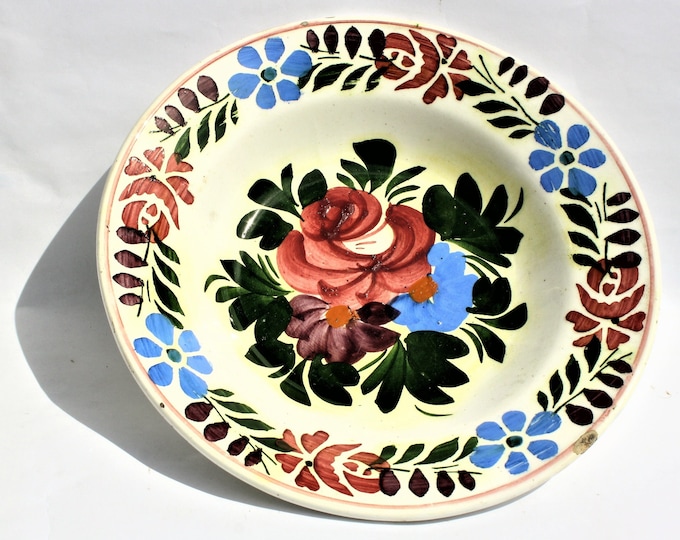 Antique Hollohaz Plate, Hungarian Pottery, Folk, Antique Peasant Plate, Flower Plate