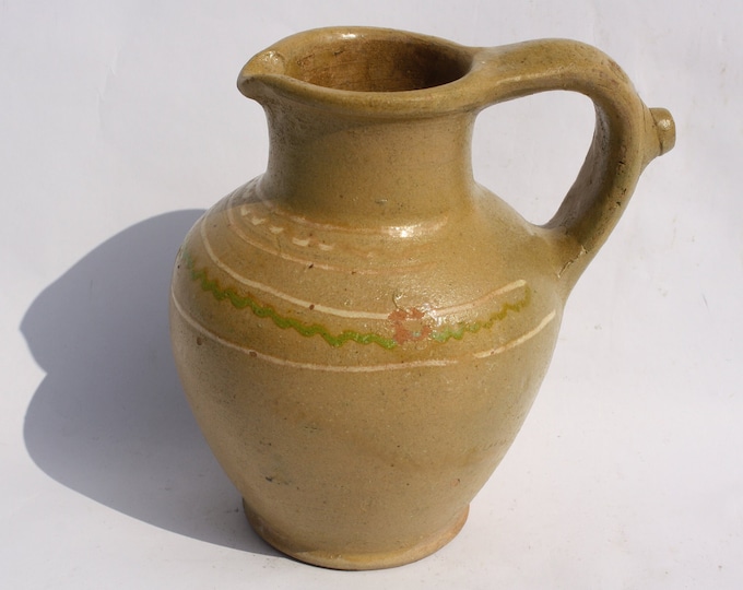 Antique Folk Traditional Ocker Glazed Milk Pitcher, Ethnographic Stoneware Jug