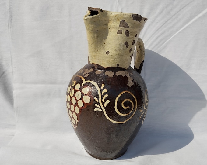 Huge Antique Stoneware Abrased Wine Jug, Ethnographic Ceramic Pottery Ewer