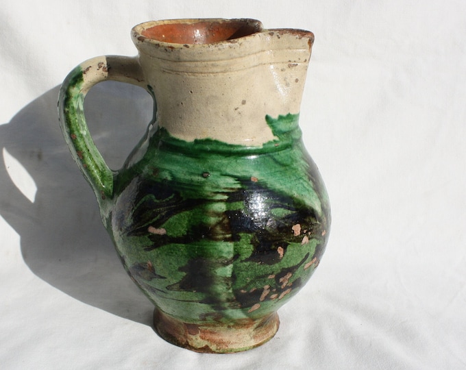 Antique Folk Traditional Splashed Glazed Green Pitcher, Green Marble Glazed Stoneware Jug
