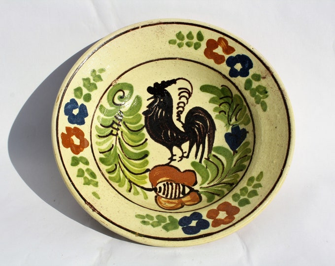 Clay Plate, Transylvania Pottery, Folk Plate, Antique Peasant Plate, Cockerel Plate