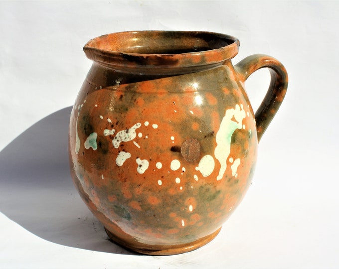Antique Folk Traditional Splashed Glazed Milk Pitcher, Stoneware Jug