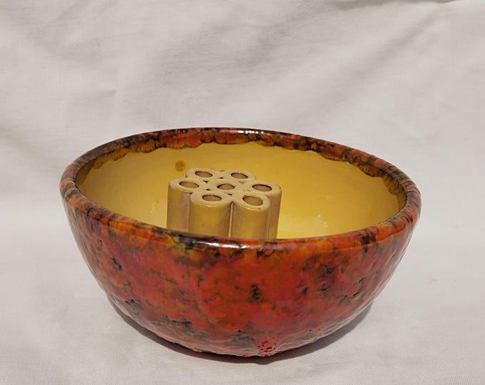 Ikebana Vase, Ceramic Orange Ikebana Dish, Vintage Ceramic Flower Frog, Ikebana Bowl