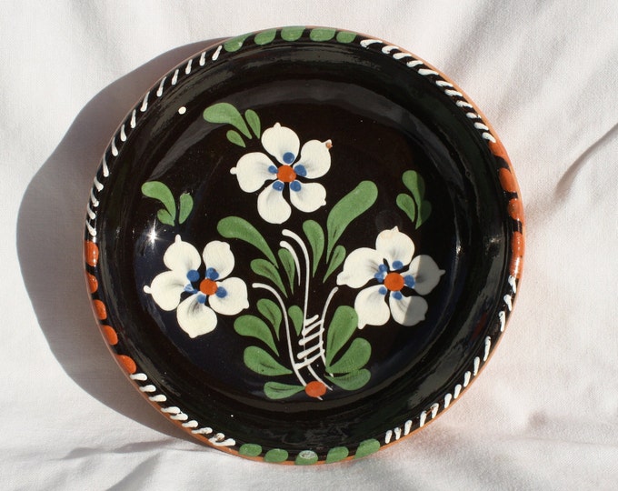 Folk Black Flower Decorated Plate, Traditional Plate, Hungarian Pottery, Wall Plate