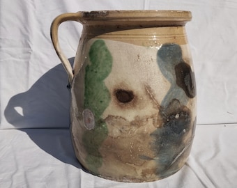 Huge Antique Blue Green Splashed Glazed Stoneware Rare Folk Pitcher, Antique Folk Pottery