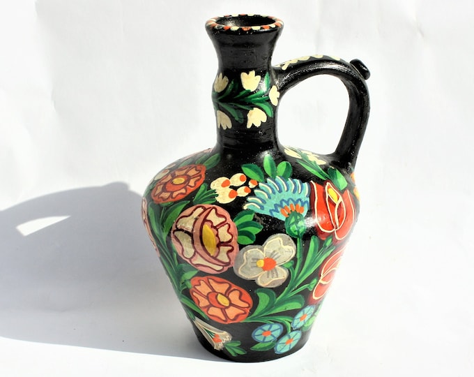 Folk Pitcher, Flower Designed Vintage Ewer, Ceramic Pitcher, Ceramic Pottery