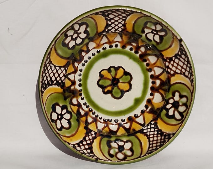 Antique Yellow Green Traditional Transylvania Korond Plate, Folk Designed Korond Plate