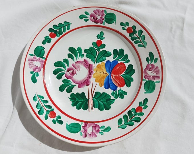 Traditional Vintage Flower Design Folk Stoneware Pottery Plate, Vintage Peasant Flower Plate