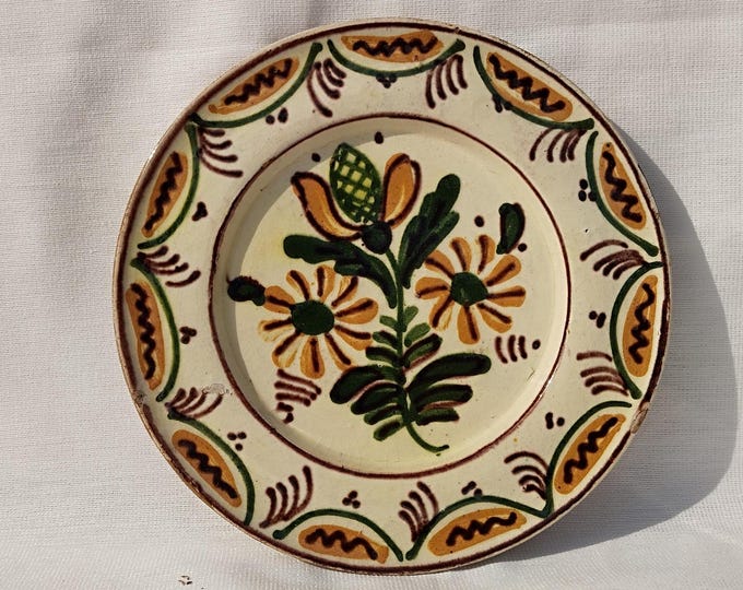 Vintage Old Folk Clay Plate, Transylvania Pottery, Folk Art Pottery, Antique Peasant Plate, Flower Plate