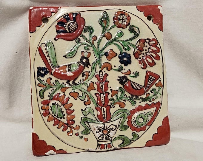 Antique Relief Korond Tile Plaque, Wall Decoration Bird Scene Tile