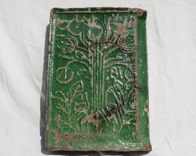 Antique Green Glazed Tile Stove, Transylvania Tile, Glazed 1800's Tile, Life Tree Pattern Tile